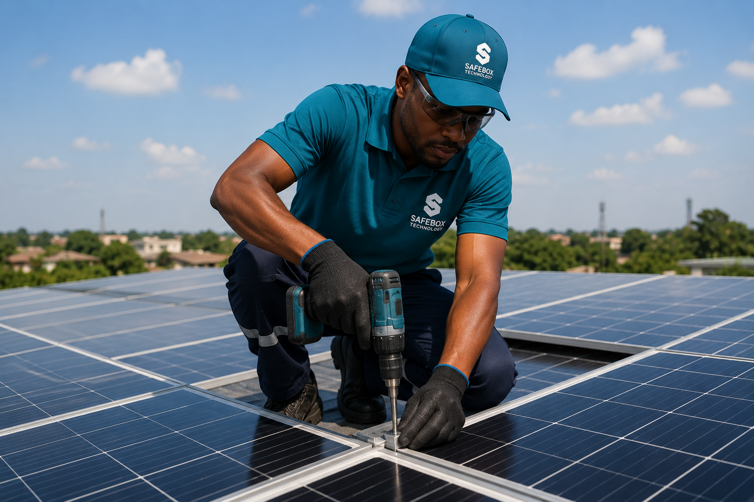 Safebox Technology technician installing commercial rooftop solar panels